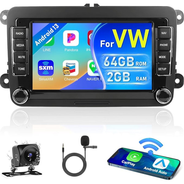 Podofo Android 13 Auto radio navigācija VW, 7 collu 2+64G radio ar bezvadu Carplay un Android Car HiFi Bluetooth RDS FM navigācija GPS WiFi USB SWC USB Canbus + AHD aizmugures skata kamera + mikrofons