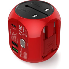 Universāls ceļojumu adapteris ar QC3.0 ātro uzlādi, 2 USB 3.0 pieslēgvietas un 1 C tipa interfeiss (ASV/ES/ Lielbritānija/UzS) vienā daudzfunkcionālā lādētājā 180+ valstīm, 2 drošinātāji (sarkans)