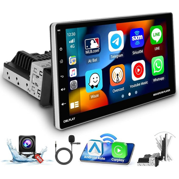 Hikity 2G + 64G Android 13 DIN 1 auto radio ar bezvadu Carplay Android auto, 9 collu rotējošs skārienjūtīgais ekrāns ar Bluetooth FM/RDS WiFi navigāciju, atbalsta dalītu ekrānu SWC atpakaļgaitas kamera