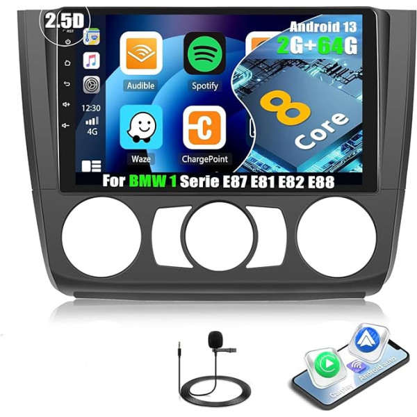 8Core 2G + 64G CAMECHO auto radio BMW 1. sērijas E87 E81 E82 E88 ar navigāciju Carplay Android Car, Android 13 auto radio ar 9 collu ekrānu, Bluetooth DSP RDS/FM Mirror Link un USB (Manual AC)