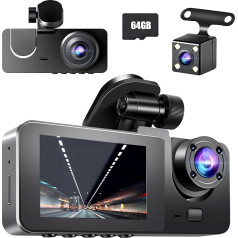 ADSAQOP 1080P Dashcam Auto, 170° Weitwinkel 3 Kanal Dashcam mit 64 GB SD Karte, Front- und Rückkameras mit Nachtsicht und Wasserdichter Funktion, Loop-Aufnahm, G-Sensor, 24H mit Parküberwachung