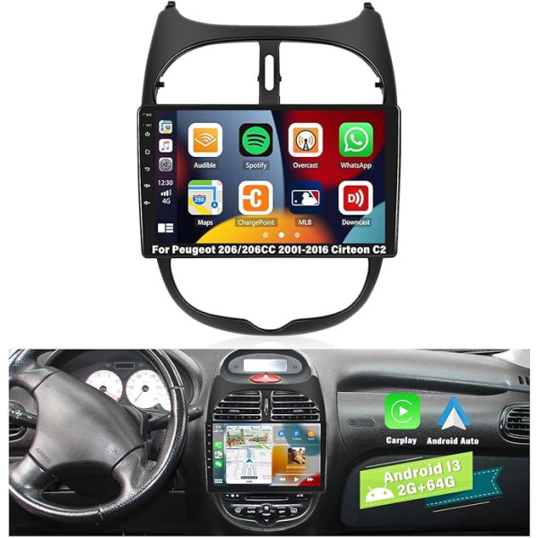 CAMECHO 2G + 64G Android 13 auto radio Peugeot 206/206CC 2001-2016 Cirteon C2, 9 collu ekrāns Bezvadu Apple Carplay Android auto GPS WiFi Bluetooth FM RD USB SWC + atpakaļgaitas kamera