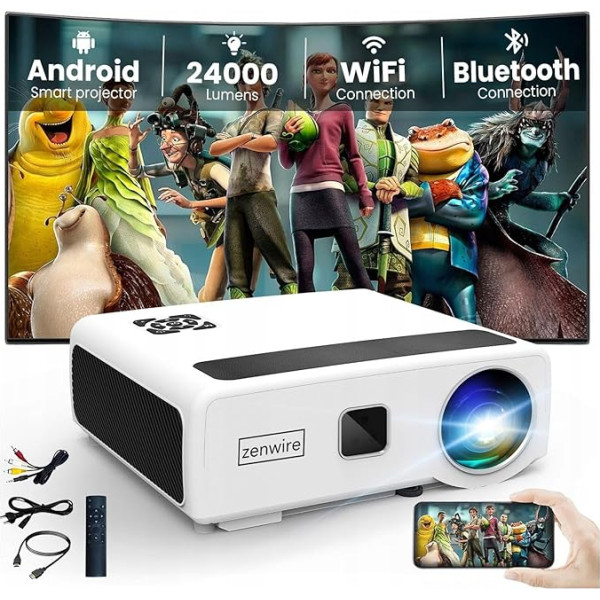 Zenwire e660h LED projektors Mājas kinoprojektors ar Android Smart TV, WiFi ar Bluetooth 5.0 Atbalsta 2x HDMI/2x USB/Ethernet/Audio 800 Ansi 24000 lm Windows Android Linux iOS