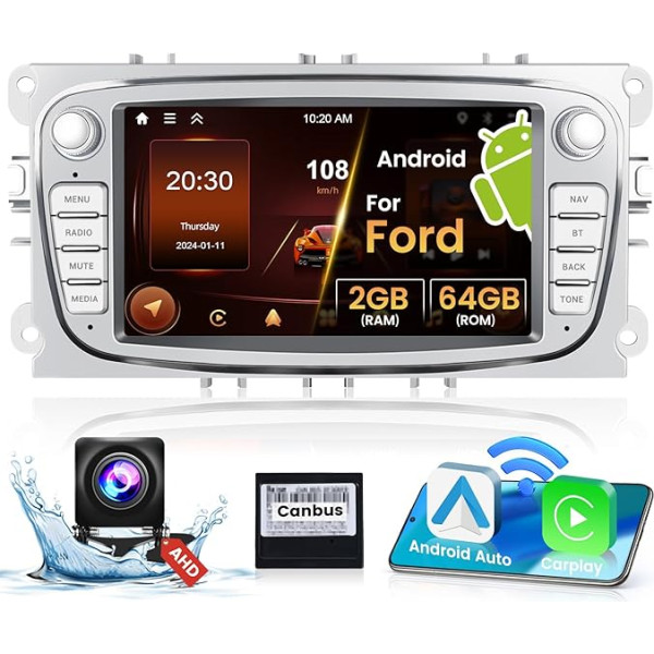 Hikity 2G + 64G Android 13 Double DIN auto radio Focus II S-Max Mondeo 9 Galaxy II C-Max Kuga, 7 collu auto radio ar Carplay un Android navigāciju BT WiFi GPS FM/RDS radio atpakaļgaitas kamera Mikrofons