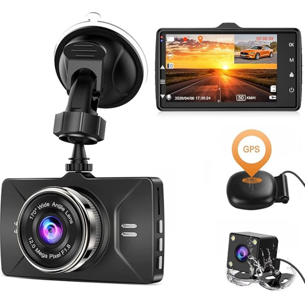 Dashcam GPS kamera automašīnai Full HD 1080P, Dashboard kamera 170° platleņķa, 3 collu ekrāns, Dashboard kamera ar GPS moduli, cilpas ierakstīšana, G-sensors