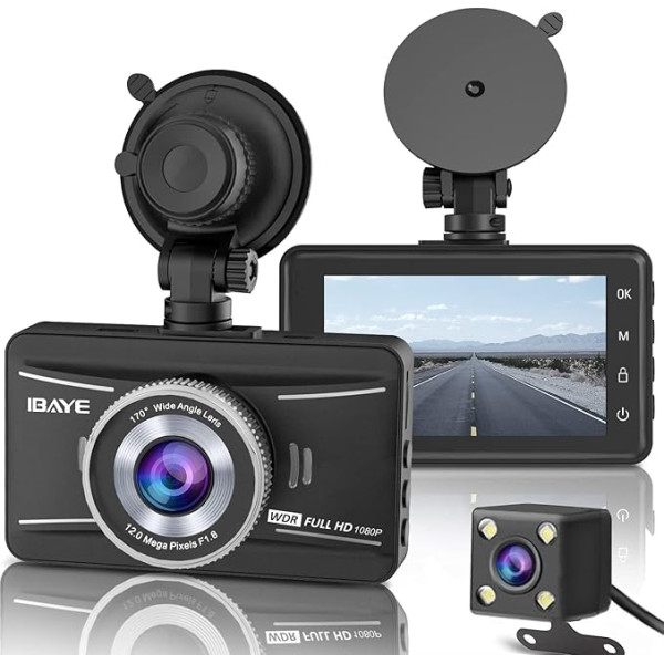 IBAYE Dash Cam Automašīnas priekšējā un aizmugurējā 1080P Full HD autokamera ar 3,0 collu LCD displeju, Dash Cam automašīnām, 170° platleņķa kamera, G-sensors, cilpas ierakstīšana, stāvvietas uzraudzība, nakts redzamība, WDR