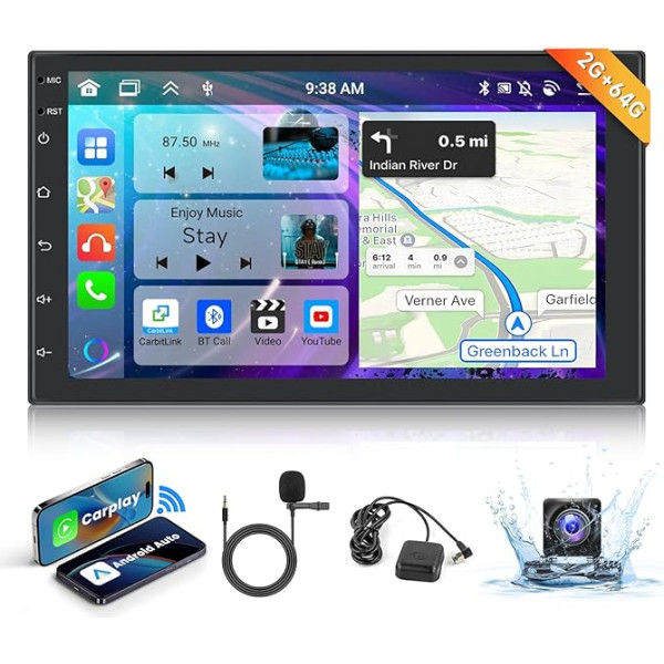 podofo Octa-Core 7 collu Android auto radio 2 Din bezvadu Carplay Android auto Bluetooth ar skārienjūtīgu ekrānu, auto stereo ar GPS navigāciju + AHD atpakaļgaitas kamera HIFI/RDS/FM radio DAB+, Mirror Link