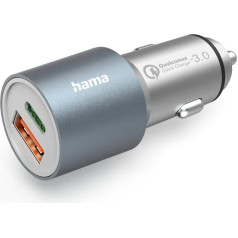 Hama Auto ātrās uzlādes lādētājs, 1x USB-C PD, 1x USB-A QC, 38 W, metāls