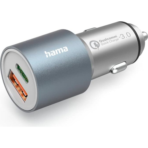 Hama Auto ātrās uzlādes lādētājs, 1x USB-C PD, 1x USB-A QC, 38 W, metāls