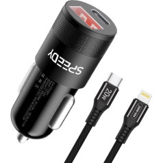 VEN-DENS Auto lādētājs iPhone 14 / iPhone 14 Pro/iPhone 14 Pro Max/iPhone 14 Plus, divu ostu QC 3.0 un 18 W USB + USB C auto lādētāja adapteris ar 20 W USB C kabeli un cigarešu aizdedzinātāju