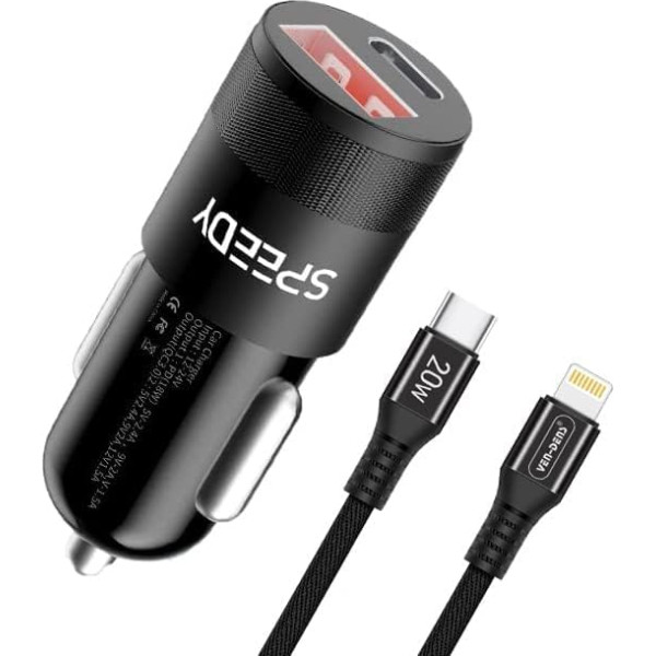 VEN-DENS Auto lādētājs iPhone 14 / iPhone 14 Pro/iPhone 14 Pro Max/iPhone 14 Plus, divu ostu QC 3.0 un 18 W USB + USB C auto lādētāja adapteris ar 20 W USB C kabeli un cigarešu aizdedzinātāju