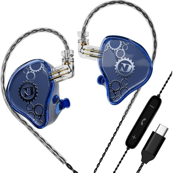 ND Venus In-Ear monitora austiņas, 10 mm dubultā magnētiskā dinamiskā draivera, IEM austiņas, HiFi vadu spēļu austiņas, 2 kontaktu noņemams kabelis (ar mikrofonu, zils)