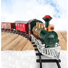 Bērnu vilcienu komplekts — elektriskā vilciena rotaļlieta zēniem 2–4 g. ar gaismām un skaņu, dzelzceļa komplekti ar tvaika lokomotīves dzinēju, kravas vagoni, 4 zirgi un kāpurķēdes, 4–7 g.