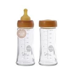 HEVEA plataus kaklelio stikliniai buteliukai kūdikiams – vidutinio srauto buteliukai nuo pilvo dieglių 3 ir daugiau mėnesių – be BPA, dvi pakuotės (250 ml)