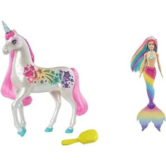 Barbie Unicorn & Dreamtopia Rainbow Magic Mermaid, Nāra ar varavīksnes matiem, silts ūdens maina matu krāsu un nāras aste, piemērots kā dāvana, GTF89