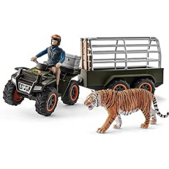 schleich WILD LIFE 42351 Kvadraciklu dzīvnieku glābšanas dzīvnieku džungļu spēļu komplekts - 10-daļīgs dzīvnieku figūru komplekts ar kvadraciklu, vadītāju, būra piekabi, tīģeri un piederumiem iztēles spēlei no 3 gadiem