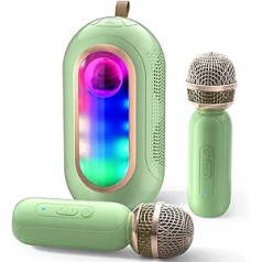 ICARERSPACE karaokės aparatas su 2 belaidžiais mikrofonais, nešiojamasis Bluetooth karaoke su 5 skirtingais garso ir šviesos efektais, karaokės aparatas vaikams arba suaugusiems – žalias