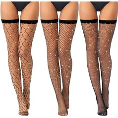 BBTO 3 Pairs Women Thigh High Stockings Above Knee Rhinestone Fish Nets Black Elastic Mesh High Socks