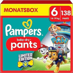 „Pampers Paw Patrol“ kelnės, 6 dydžio (14–19 kg), sausos kūdikiams, ypač didelės su stabdikliu ir apsaugine kišene, mėnesinė dėžutė, 138 sauskelnės