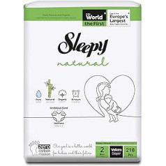 Sleepy Natural Baby autiņbiksītes, 2. izmērs (3–6 kg) — ikmēneša kastīte jutīgiem zīdaiņiem, iepakojumā 210 (5 pa 42)