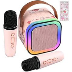 LAMJAD karaoke aparatas vaikams su 2 belaidžiais mikrofonais, nešiojama Bluetooth KTV sistema su LED šviesos ir balso keitimo efektais, dovanos 3–12 metų vaikams (rožinė)