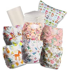 Littles & Bloomz 603VM6 atkārtoti lietojams autiņbiksītes auduma autiņbiksītes ar Velcro aizdari, 6 autiņbiksītes + 6 ieliktņi, 1 vienreizējās lietošanas bambusa ieliktnis, 1 mitrā autiņu soma