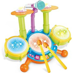 Drums Children, Baby Toy from 1-3, Musical Instruments for Children from 1 Year Drum Children with 2 Drumsticks, Beats Flash Light and Microphone, Birthday Gift for Children Boys Girls