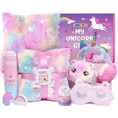 Toyssa Vienradzis Dāvanas meitenēm 5 6 7 8 9 10 11 gadi Gaišs Unicorn Mīksta Sega Nerūsējošais tērauds 500 ml Termoss Pudeles Ausu aizbāžņi Sniega globuss Vannas bumbas Acu maskas Dzimšanas dienas dāvanas meitenēm