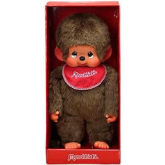 Sekiguchi 255410 - Oriģināls Monchhichi zēns, plīša rotaļlieta ar sarkanu priekšautiņu un bizēm ar bantēm, apmēram 45 cm gara rotaļlieta no brūna plīša