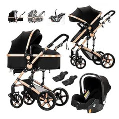 3-in-1 Combination Pushchair Travel Systems Standard Pram Newborn Portable Travel Pram Buggy Pushchair Foldable High Landscape Pushchair (588 Black Gold New)