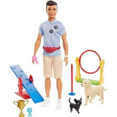 Barbie GJM34 Ken Dog Trainer lėlė su žaidimo rinkiniu, dviem šunų figūrėlėmis, Hula lanku, pusiausvyros juosta, šokinėjimo kliūtimi, trofėjus ir du nugalėtojų lankai, žaislinė dovana vaikams nuo 3 metų