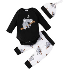 Toddler Baby Boys Multfilmas dzīvnieku tērpi 3 daļīgs komplekts ar garām piedurknēm, apvelkams kakla džemperis Koala Fox Giraffe Print Body Romper Elastīga jostasvietas Bikses cepure 0-18 mēn.