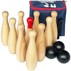 Wooden Skittles Game with Turf Bowling and Skittles - Hardwood - 10 Pins & 3 Balls - Comes in a Carry Bag - 23cm Tall - Natural