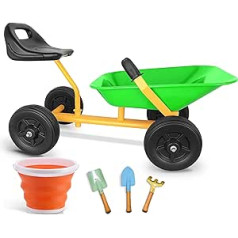 KOVOME Children's Sand Dumper, 4-Wheel Ride-on Wheelbarrow Toy, Steel Garden Sandpit, Outdoor Beach Toy, Age 3+ Children's Metal Game Tool Set with Shovels and Bucket