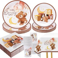 OTTPOOM Teddy Bear Baby Shower Dekorācijas Mēs varam gaidīt ballītes Papīra šķīvji Salvetes Krūzes un Brūnais rotaļu lācītis galdauts zēniem Meiteņu dzimšanas dienas Baby Shower ballīšu piederumi, pasniedz 30