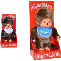 Sekiguchi 255550 Oriģināla Monchhichi meitene, plīša rotaļlieta ar baltu/rozā priekšautiņu un bizēm ar bantēm un 255040 - oriģināls monchhichi zēns, plīša rotaļlieta ar zilu priekšautiņu un bizēm ar bantēm