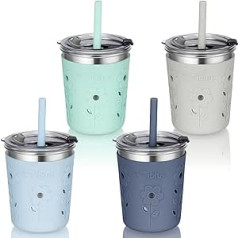 Tiblue Kids Tumbler Hermētisks nerūsējošā tērauda krūze ar necaurlaidīgiem vākiem Silikona salmiņš ar aizbāzni un piedurknēm BPA bezmaksas uzkodu smūtija dzeramā krūze meitenēm