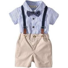 2-Piece Toddler Boys Baby Suit Summer Gentleman Party Christening Suit Festive Shirt Body with Bow Tie + Shorts with Straps Set Outfits