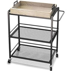 Bakaji 3 Tier Industrial Kitchen Trolley with Swivel Wheels and Wooden Breakfast Tray, Space Saving, Multi-Purpose Trolley, Metal Structure, 65 x 33 x 91 cm (Black)