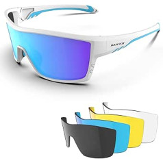 HAAYOT Polarised Cycling Glasses for Men Women Sports Sunglasses with 5 Lenses TR90 Frame MTB Glasses Mountain Bike Glasses Running Fishing Hiking Shiny White & Ice Blue