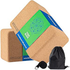 FAURIMMER 2 Pack dabīgā korķa jogas bloki ar siksnu un aukliņu, 9 x 6 x 4 collas, augsta blīvuma videi draudzīgi jogas piederumi jogai, pilates, stiepšanās un fitnesa vajadzībām