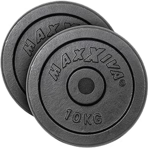 MAXXIVA Svara šķīvji Komplekts no 2 svara šķīvjiem 10 kg Katrs 100% čuguns melns 20 kg Fitness Spēka treniņš Kultūrisms Treniņš Svarcelšana Rehabilitācija