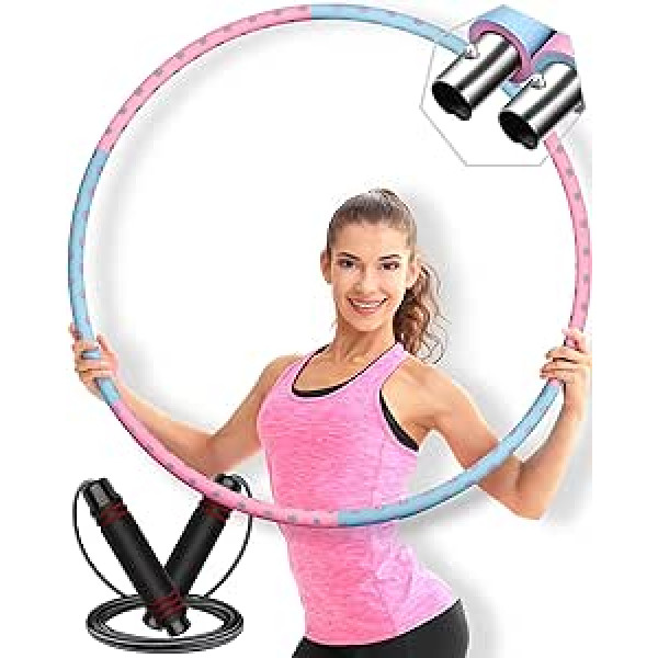 ® Stabils Hula Hoop Adult — kvalitatīvas pret plīsumiem izturīgas putas un 6 segmenti pārnēsāšanai, izgatavoti no nerūsējošā tērauda serdes ar regulējamu svaru, Hullahub stīpa svara zaudēšanai, ieskaitot izlaižamo virvi