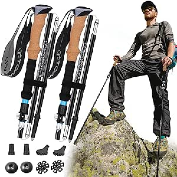 Tomshoo Folding Hiking Poles, Ultralight Carbon & 7075 Aluminium Walking Poles, Trekking Poles with Cork Handle or EVA Handle, Terrain Accessories, Hiking Stick Adjustable for Hiking, Skiing