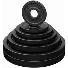 GORILLA SPORTS® Olympia svara šķīvji - 1,25 kg, 2,5 kg, 5 kg, 10 kg, 15 kg, 20 kg, 25 kg, 30 kg svari, 50 mm urbums, čuguns, viens / komplekts — svaru šķīvju komplekts, hanteles