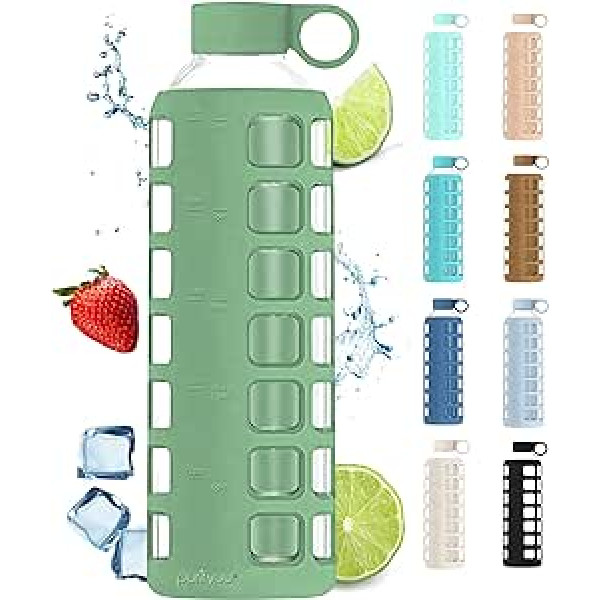 purifyou Premium Glass Water Bottle - 900ml Slate Green | Ar neslīdošu silikona uzmavu un nerūsējošā tērauda vāka ieliktni, viegli pagriežamu vāciņu, pienu, konteineru