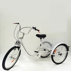 KIOPOWQ 24 Inch Tricycle 6 Speed 3 Wheel Bicycle for Adults Seniors with Shopping Basket and Lamp Bicycles Cruiser Unisex Trike Bike White