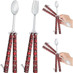 2 Pieces Butterfly Fork and Spoon Set, Tactical Butterfly Spoon, Foldable Stainless Steel Butterfly Fork for Travel, Barbecue, Kitchen, Camping, Hunting (Red/Black Skull)