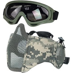 Hodeacc Airsoft masku un briļļu komplekts, Metāla pusmaska ar ausu aizsardzību, Anti-UV Airsoft brilles, Acu aizsardzība ārā, Medības, CS spēle