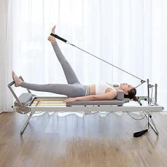 NYZAL „Pilates Reformer“ namų treniruoklis su sulankstomu rėmu, „Pilates Reformer“ su 5 atsparumo virvėmis, lengvai perkeliamas ir saugomas, su tvirtais bibliotekos ratukais